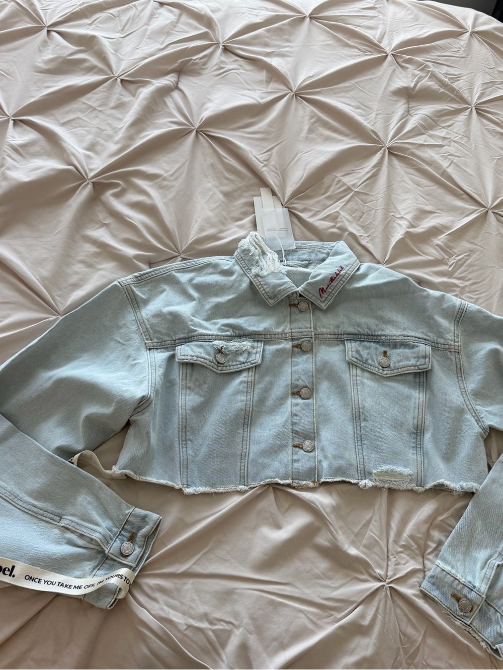 Cropped Light Blue Denim Jacket with Distressed Collar - Women